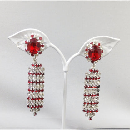 Red & Clear Long Rhinestone Earrings, Dangle , 1960s Vintage Jewelry