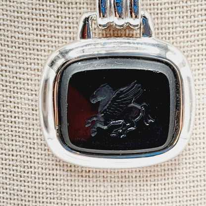 Monet Silver Tone Black Glass Pegasus Pendant Necklace – 16 Inches