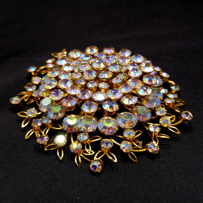 Large Clear Aurora Borealis Brooch, Gold Plated, 1950s Vintage Jewelry