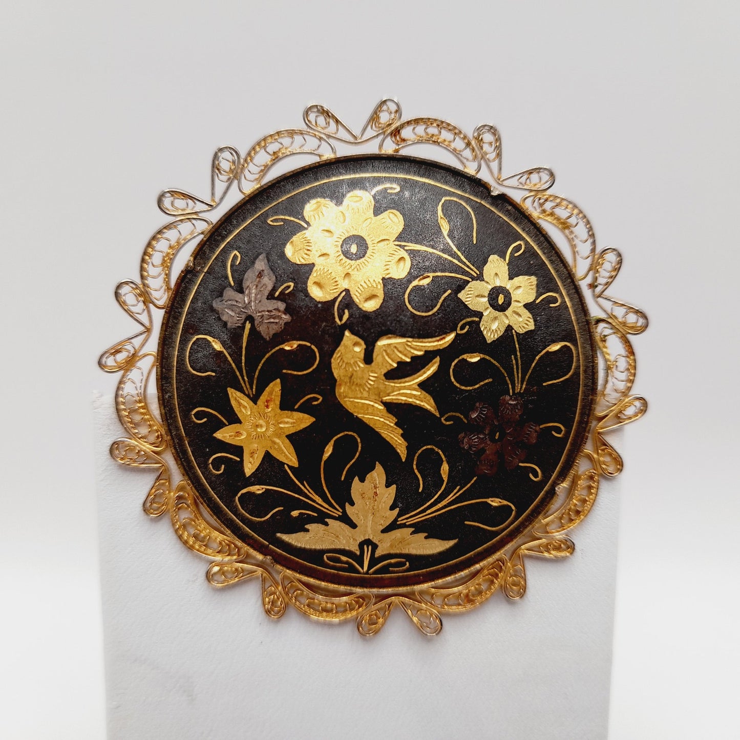Vintage Spanish Damascene Filigree Bird Flower Gold Inlay Brooch – 2 1/4”
