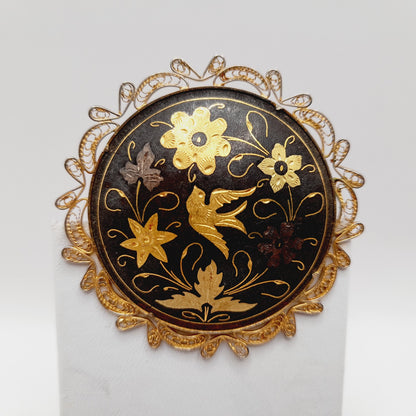Vintage Spanish Damascene Filigree Bird Flower Gold Inlay Brooch – 2 1/4”