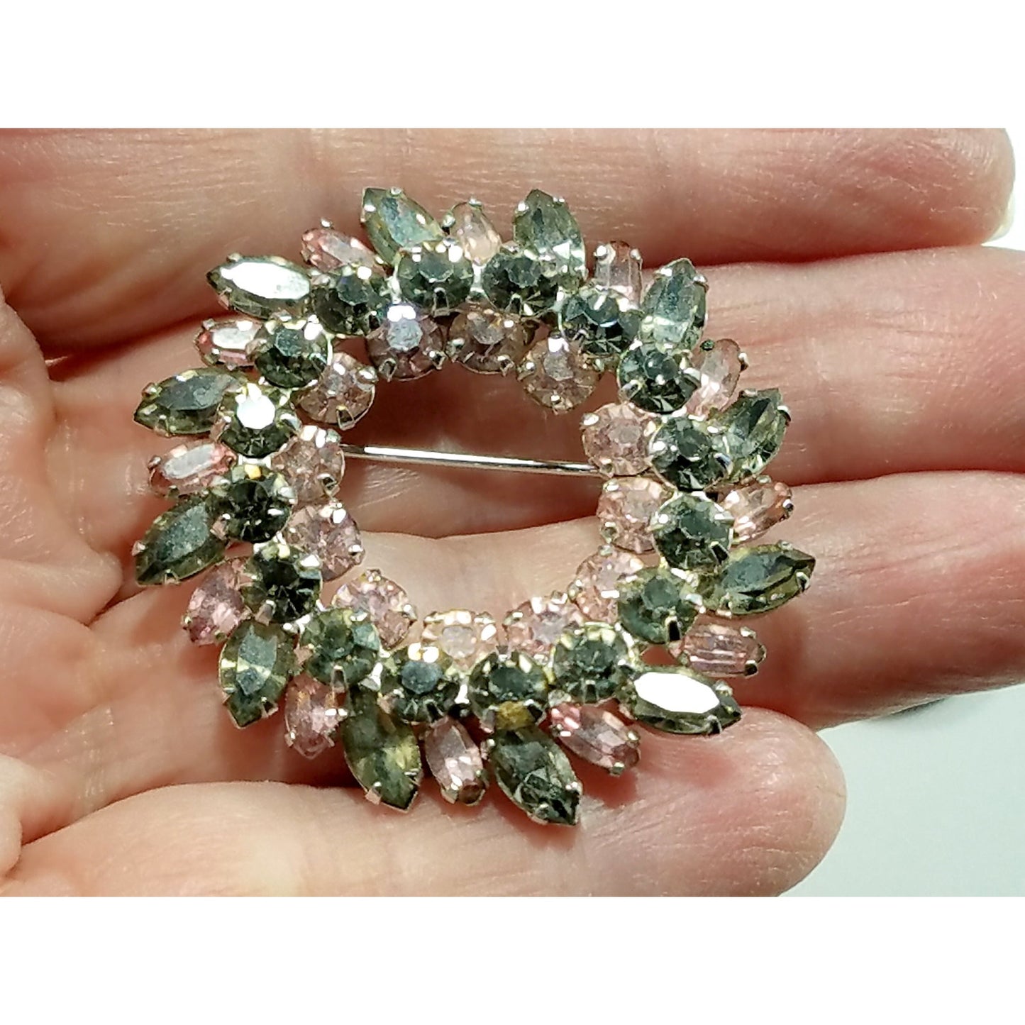 Sherman 1950s Pink & Smoky Gray Rhinestone Wreath Brooch | Rhodium Plated Mid-Century Signed Pin