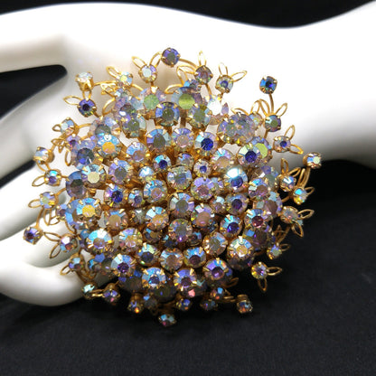 Large Clear Aurora Borealis Brooch, Gold Plated, 1950s Vintage Jewelry