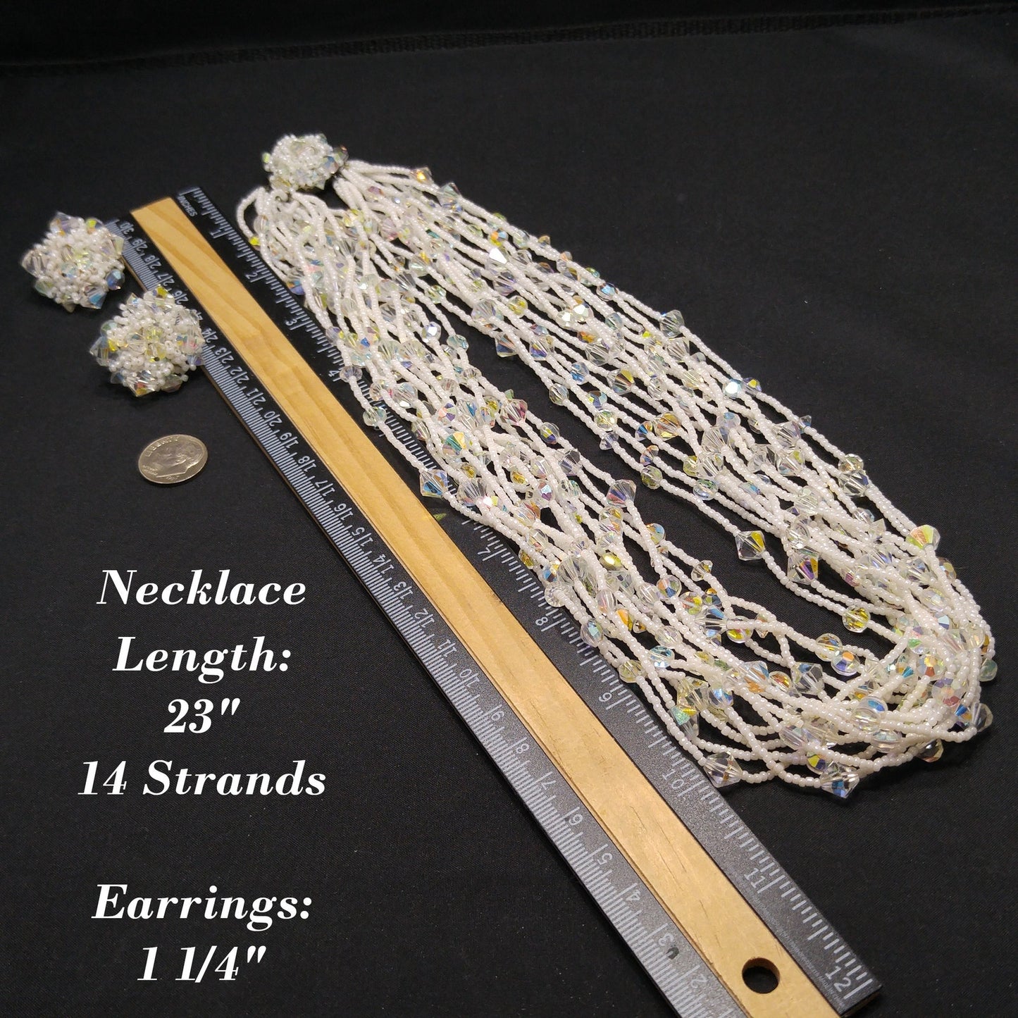 Vendome Seed Bead Aurora Borealis Crystal Necklace Earrings Set, Beaded Claps, 14 Strands, 1960s Vintage Jewelry