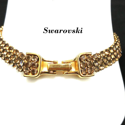 Vintage Swarovski Bracelet 1990s Swan Logo Light Topaz Rhinestone Mesh Gold 7.5"