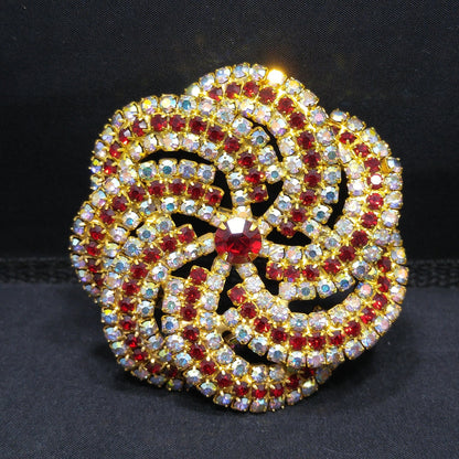 Vintage Pinwheel Rhinestones Brooch, AB Clear Red Rhinestones, Gold Plated, 1960s