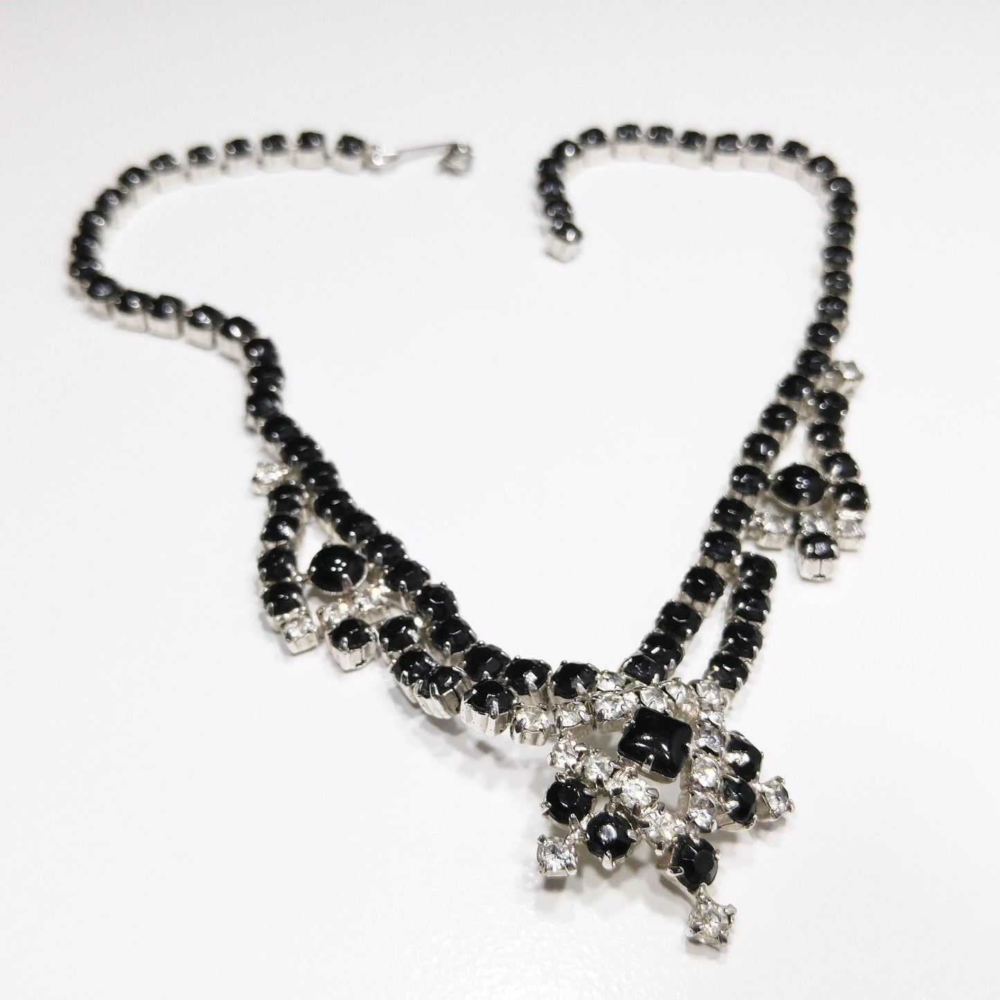 Vintage Black & Clear Rhinestone Festoon Necklace, Rhodium Plating, 1950s