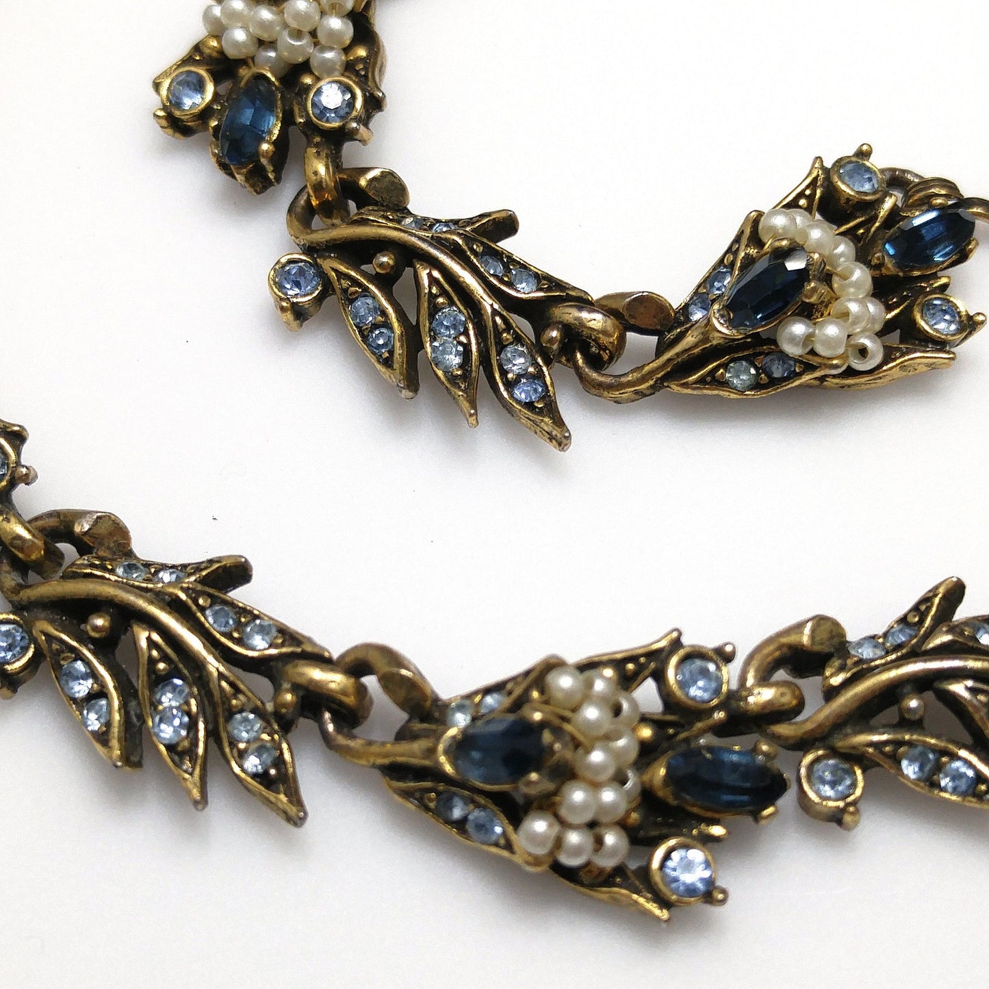 Vintage Hollycraft 1956 Blue Rhinestone Pearl Necklace Earrings Set Gold Tone