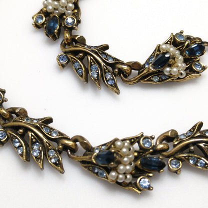 Vintage Hollycraft 1956 Blue Rhinestone Pearl Necklace Earrings Set Gold Tone