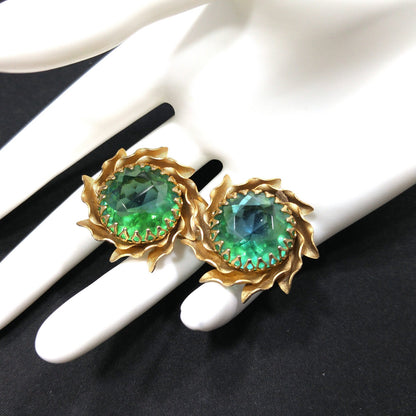 Mid-Century Green Rhinestone Two Flower Brooch, Gold Plated, 1950s Vintage Jewelry