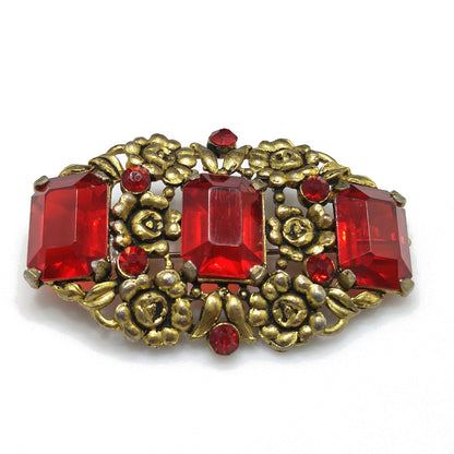 Art Nouveau Red Glass Floral Brooch, Three Red Emerald Cut Stones, 1930s Vintage Jewelry