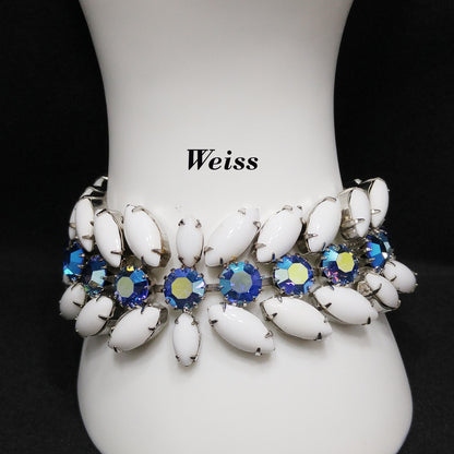 Vintage Weiss Blue AB Rhinestone Bracelet, White Milk Glass Cabochons, Rhodium Plated
