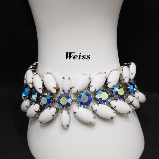 Vintage Weiss Blue AB Rhinestone Bracelet, White Milk Glass Cabochons, Rhodium Plated