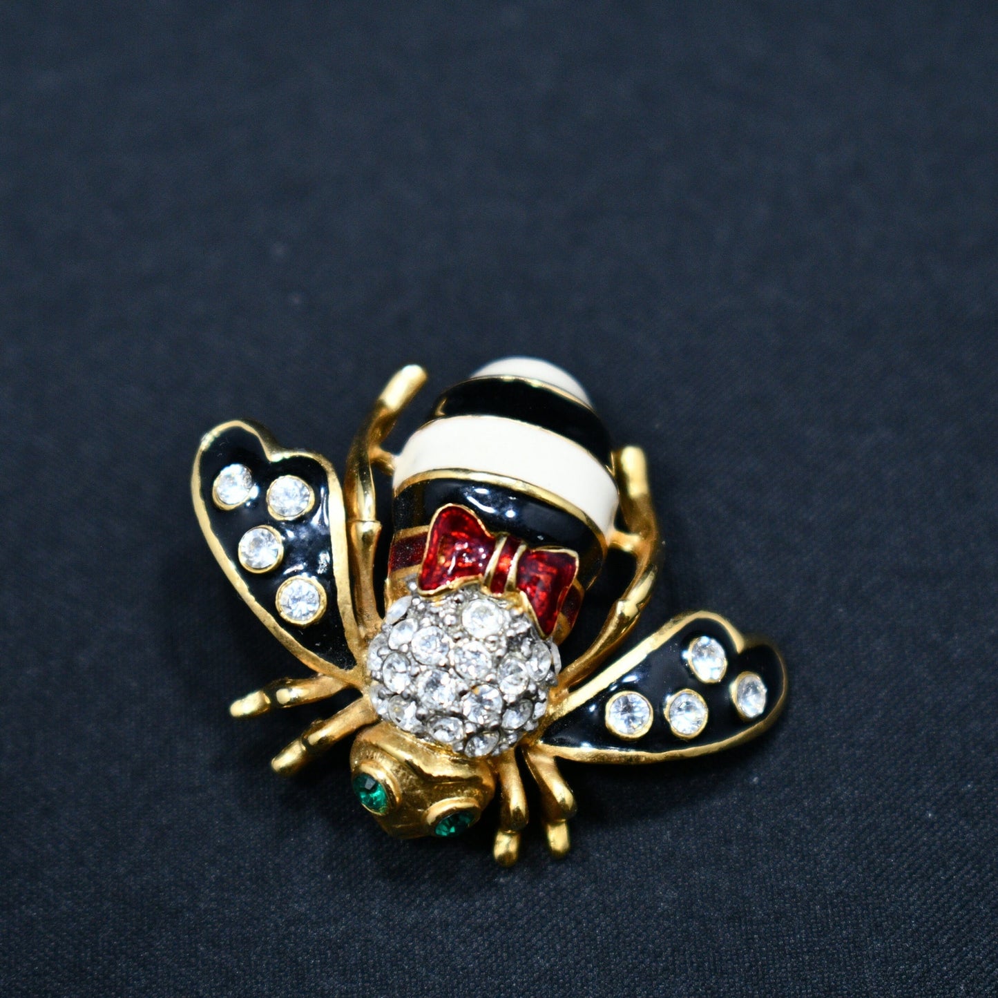 Vintage Joan Rivers Bee Brooch, Gold Plated, Enamel Red White Black, 1990s