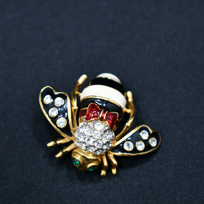 Vintage Joan Rivers Bee Brooch, Gold Plated, Enamel Red White Black, 1990s