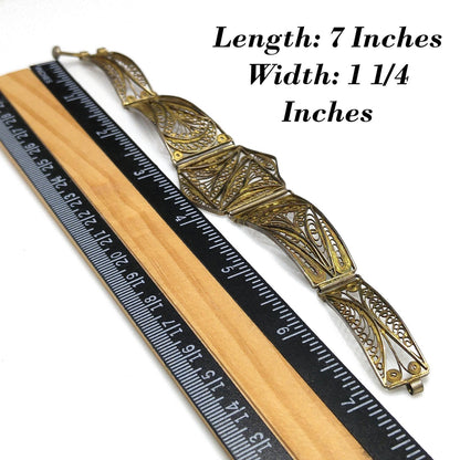 1920s Art Deco Cannetille Filigree Bracelet Gold Vermeil Silver 7 Inch