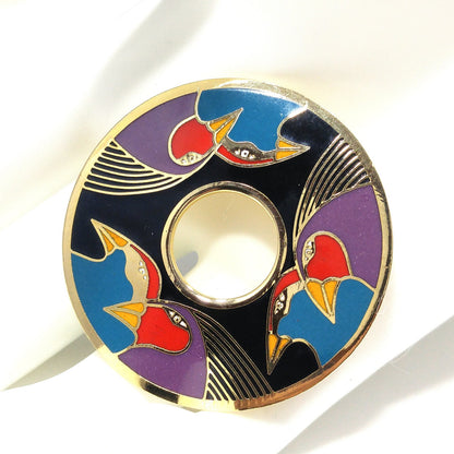 Laurel Burch "Birds of Santorini" Brooch, Cloisonné & Enamel, 1980s Vintage Jewelry