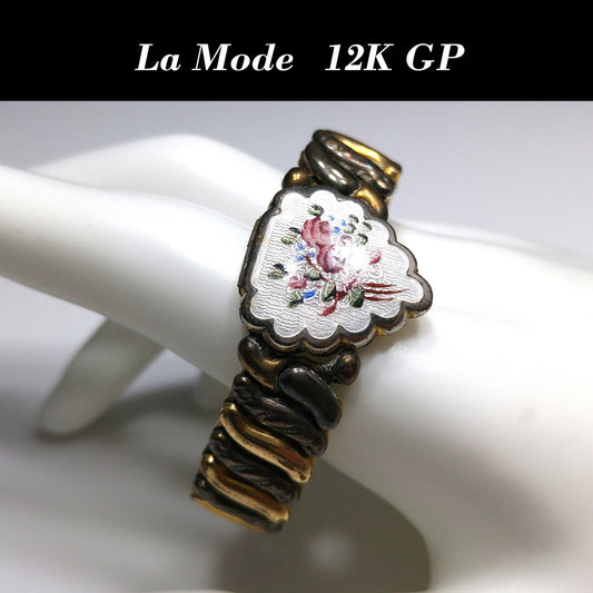 La Mode 1920s Guilloche Enamel Heart Locket Expansion Bracelet 12K GF Antique