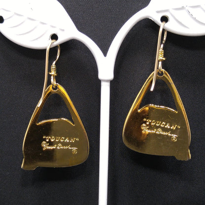 Laurel Burch Toucan Bird Earrings, Gold Plated Cloisonne Enamel, 1980s Vintage Jewelry