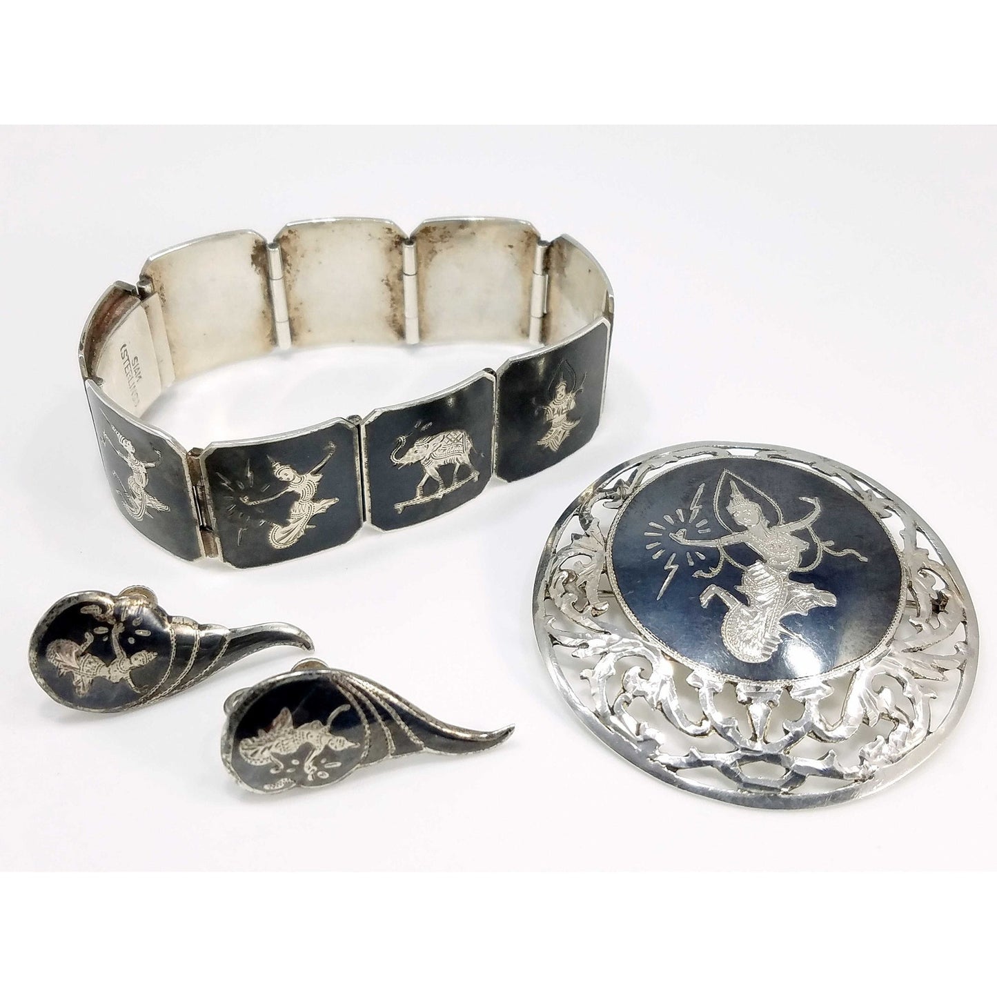 Vintage Siam Sterling Niello Silver Bracelet Brooch Earrings Set Mekkala Goddess