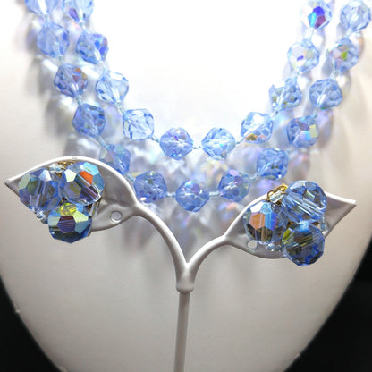 Light Blue Crystal Necklace Clip Earrings Set, Aurora Borealis, 1960s Vintage Jewelry