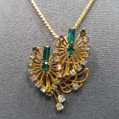 Phyllis Originals Green Rhinestone Pendant Brooch Necklace, Gold Filled, Paper Tag, 1950s Vintage Jewelry