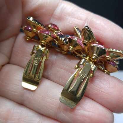Vintage Celebrity Pink Purple Brooch & Earrings, 22K Gold Plated, 1940s