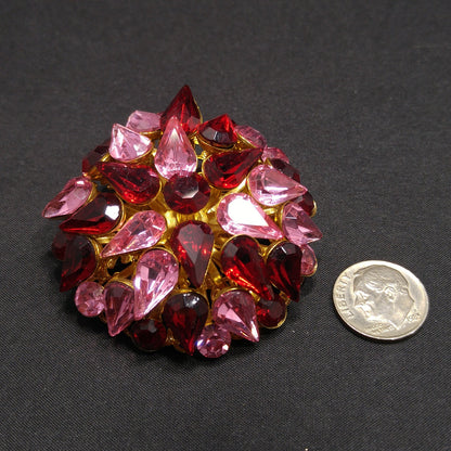 Red & Pink Domed Rhinestone Brooch, Gold Plated Filigree Backing, 1950s Vintage Jewelry