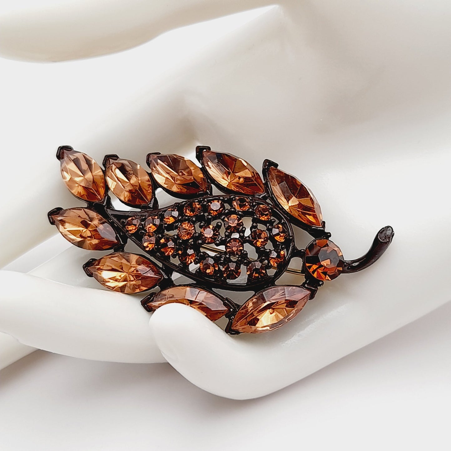 Vintage MGENT Topaz Rhinestone Leaf Japanned Brooch Pin