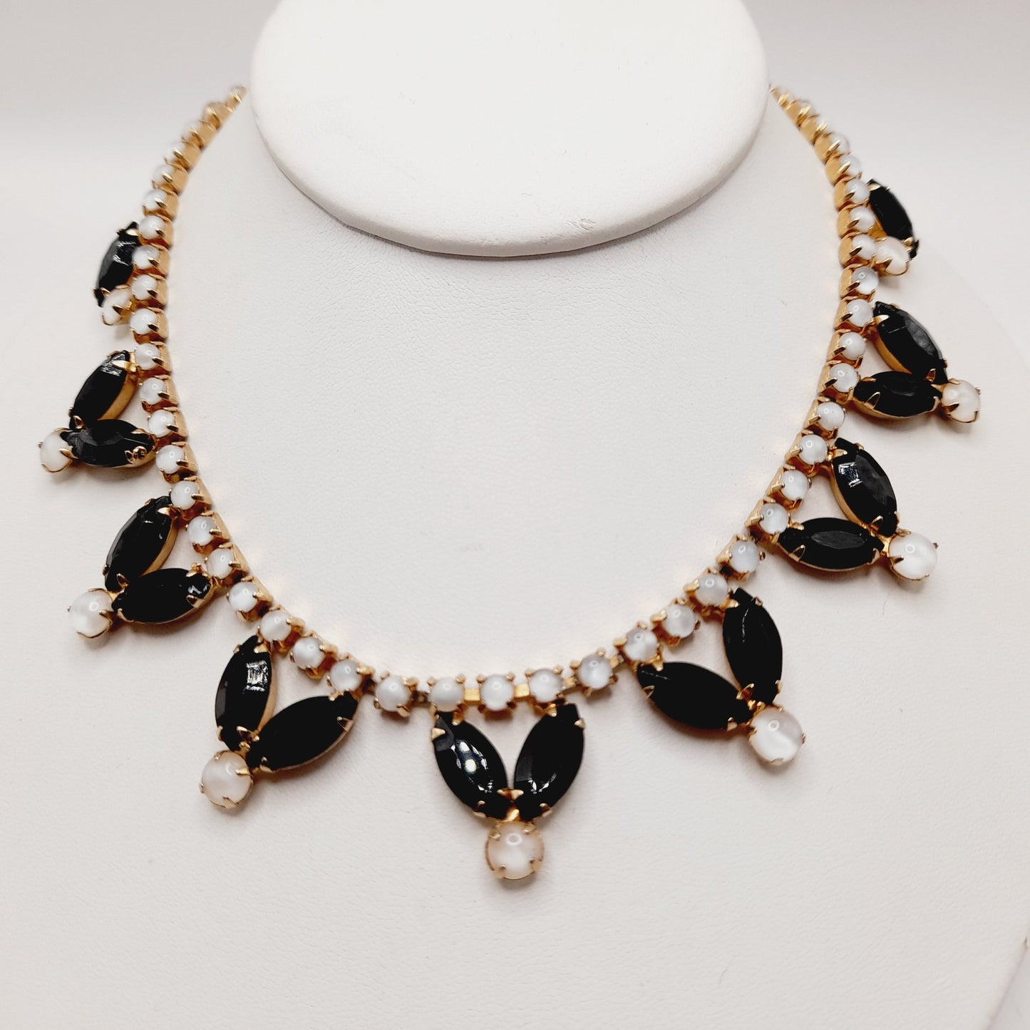 Vintage Black Rhinestones Milky White Cabs Gold Plated Choker Necklace, 1960s