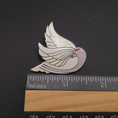 Laurel Burch "Celan" Bird Brooch, Rhodium Plated, White Lavender Enamel, 1980s Vintage Jewelry