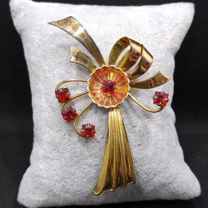 Gold Filled Bow Flower Brooch, Red Rhinestones, 1940s Vintage Jewelry