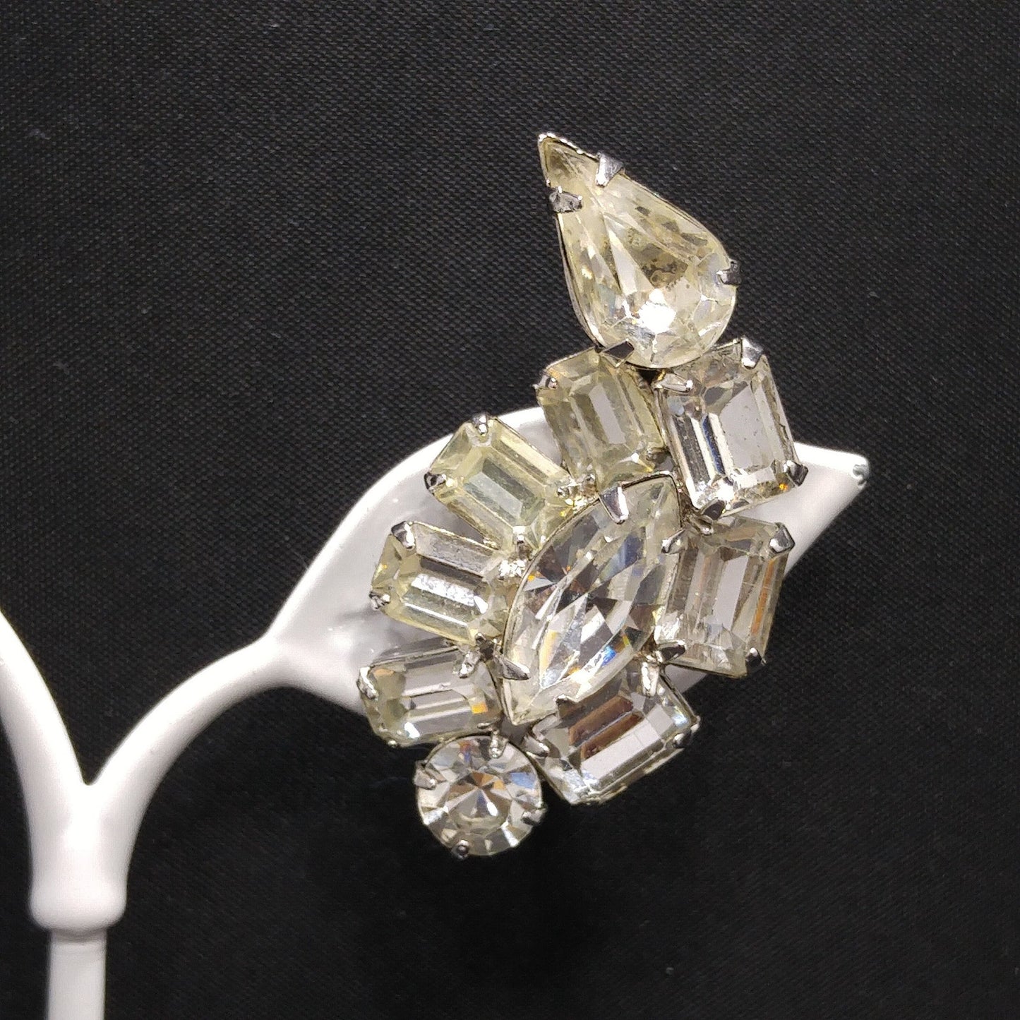 Kramer Clear Rhinestone Clip Earrings, Rhodium Plated, Wedding Earrings, 1950s Vintage Jewelry