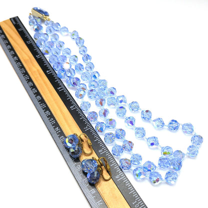 Light Blue Crystal Necklace Clip Earrings Set, Aurora Borealis, 1960s Vintage Jewelry
