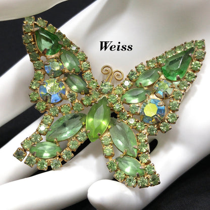 Weiss Peridot Green Rhinestone Butterfly Brooch, Gold Plated, 1950s Vintage Jewelry
