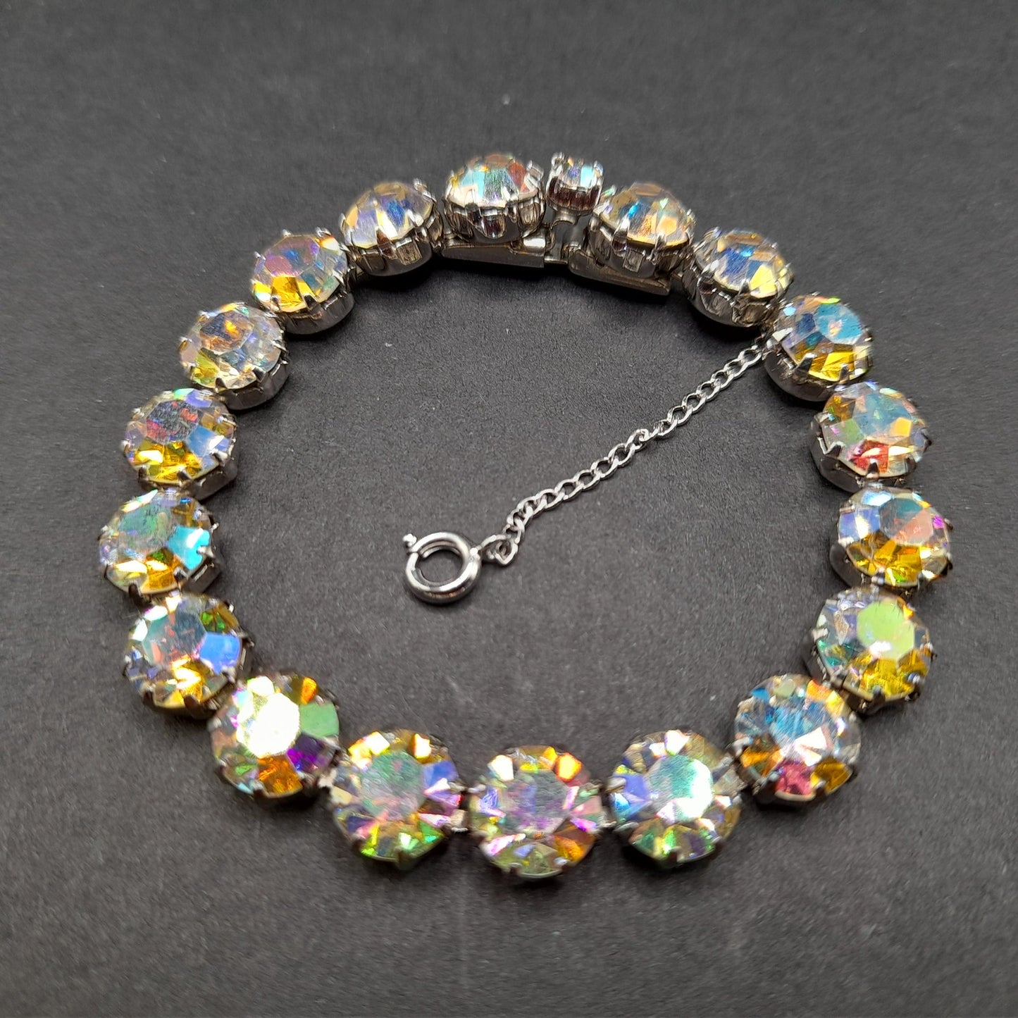 Weiss Style Aurora Borealis Crystal Bracelet, Rhodium Plated, Safety Chain, Vintage Jewelry