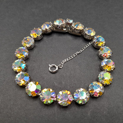 Weiss Style Aurora Borealis Crystal Bracelet, Rhodium Plated, Safety Chain, Vintage Jewelry