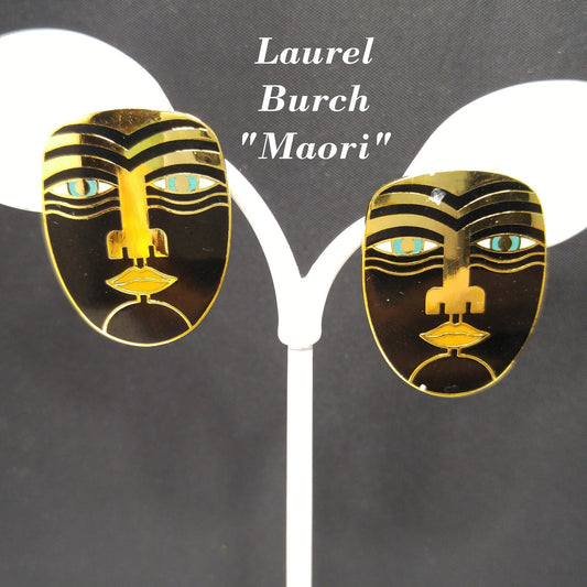 Vintage Laurel Burch "Maori" Post Earrings, Tribal Faces, Gold Plated