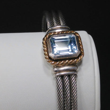 Sterling Silver 14K Gold Blue Topaz Cable Cuff Bracelet CNA Thailand