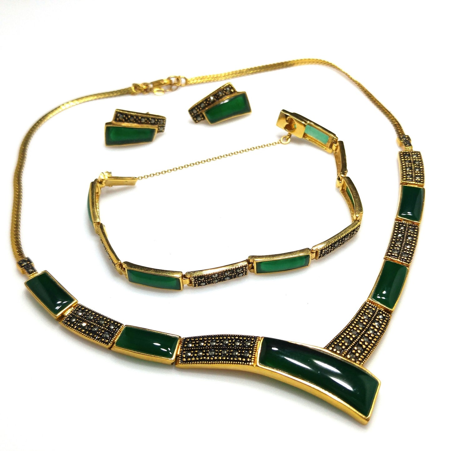 Vintage 14K Gold Plated Gemstone Jewelry: Necklace, Bracelet, Post Earrings, 1990s Vintage Jewelry