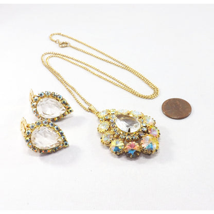 Vintage AB Pendant Necklace & Earrings, Rivoli Rhinestones, Gold Plated