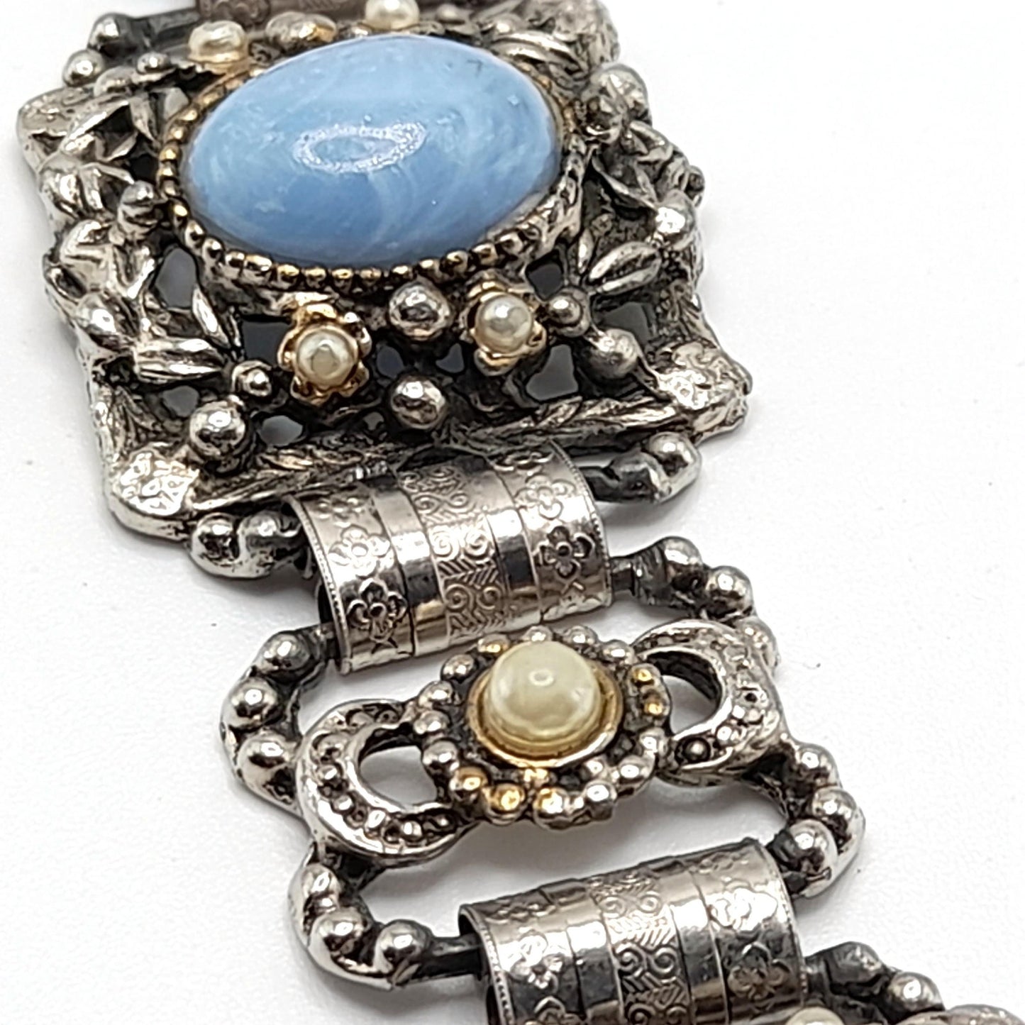 Vintage Blue Lucite Book Chain Bracelet, Faux Pearls, Silver Tone, 1950s, 7 3/4"
