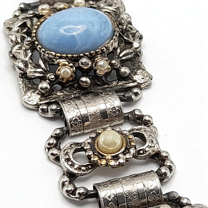 Vintage Blue Lucite Book Chain Bracelet, Faux Pearls, Silver Tone, 1950s, 7 3/4"