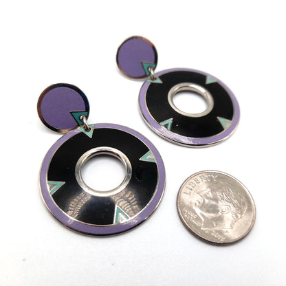 Laurel Burch "Summer Moon" Drop Earrings, Cloisonne Enamel, Rhodium Plate, Rare 1980s Vintage Jewelry