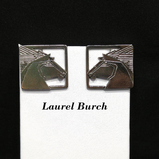 Vintage Laurel Burch Stallion Horse Post Earrings, Rhodium Plated
