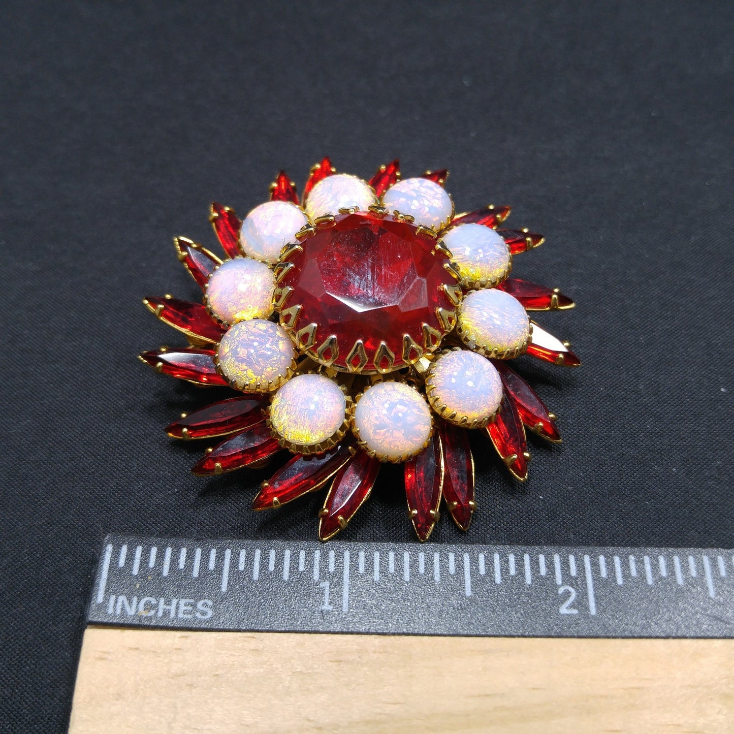 Vintage Judy Lee Faux Fire Opal Red Rhinestone Brooch, Gold Plated, 1960s