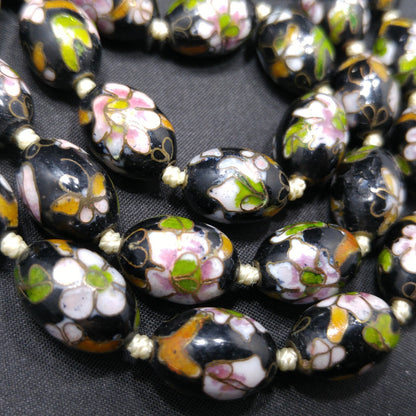 Vintage Cloisonné Beaded Necklace, Black Hand Painted Floral Beads, 1960s Vintage Jewelry