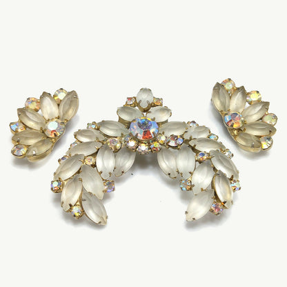 Frosty Rhinestone Brooch & Clip Earrings, Aurora Borealis, Gold Plated, 1960s Vintage Jewelry