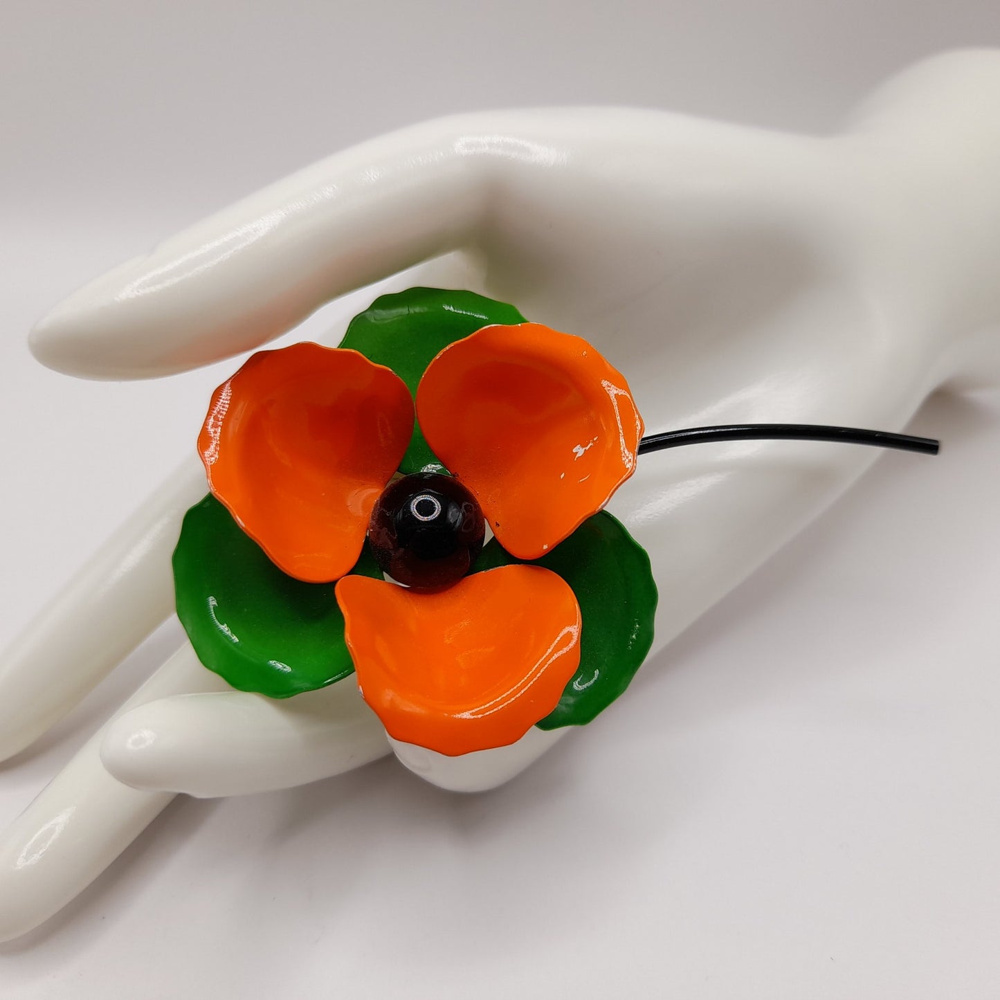 Vintage 1960s Orange Green White Enamel Flower Brooch with Stem, 4 Inches