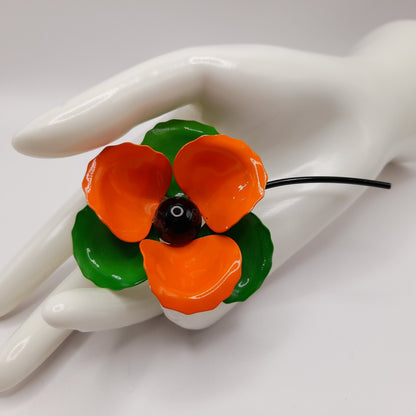 Vintage 1960s Orange Green White Enamel Flower Brooch with Stem, 4 Inches